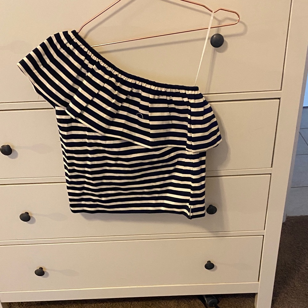 J. Crew Navy and White One-Shoulder Ruffle Stripe Top